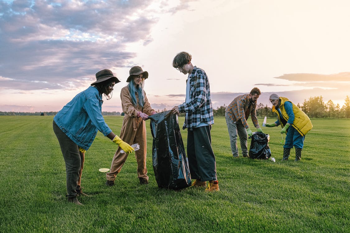 Free Volunteers Collecting Trash on Green Grass Field Stock Photo